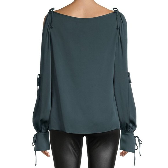 NEW Milly Women Ink Silk Cold Shoulder Bow Tie Long Sleeve V Neck Keyhole Blouse - Picture 3 of 4